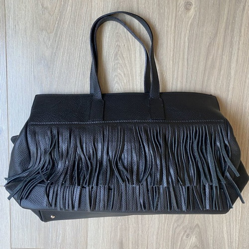 Zini Boutique Black Leather Fringe Tote Bag