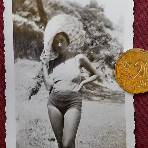 Vintage photo woman in swimsuit with large straw hat, June 1 1935