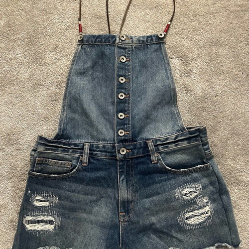 Denim jumpsuit Forever 21 with leather straps like new, blue, size M