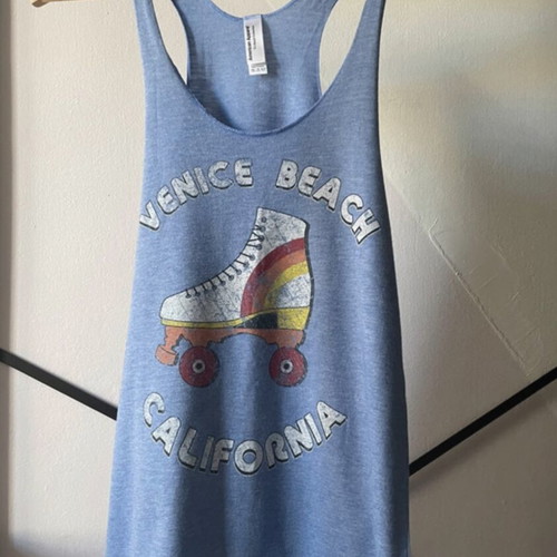 American Apparel tank top with Venice Beach roller skate print, new, blue, XS