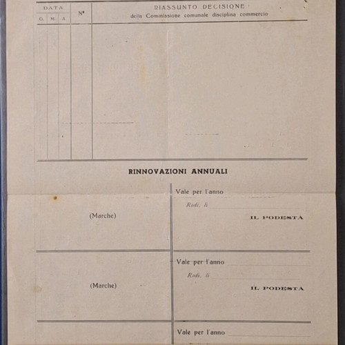 Historical document from Rhodes 1944 used, official commercial license with stamps