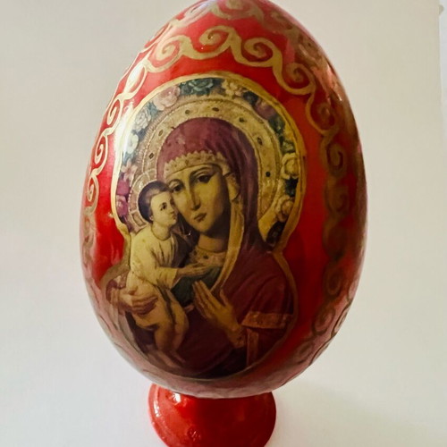 Handmade wooden decorative red egg like new with image of Virgin Mary
