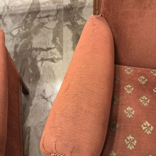 Classic armchairs set of 2 used, wooden frame, terracotta upholstery
