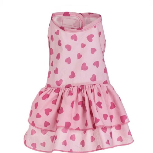Pink Cotton Pet Dress with Fuchsia Hearts and Double Ruffle