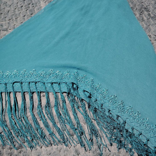 Triangular pashmina scarf with fringes, turquoise