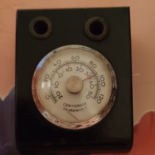Vintage wooden desk set with thermometer and pen holders used