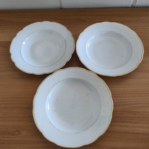 Soup plates set used, 3 pieces with gold details, Bavarian porcelain