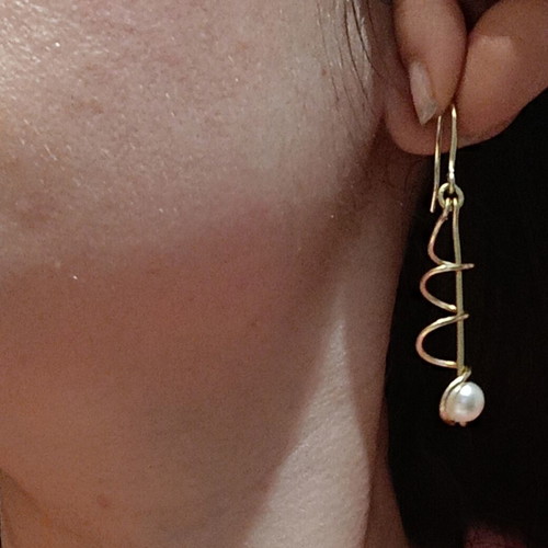 Gold pearl spiral earrings handmade from scratch