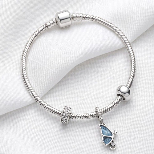 Pandora Winged Dangle Charm blue and silver, new