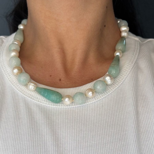 Necklace with amazonite, pearls and 925 silver like new