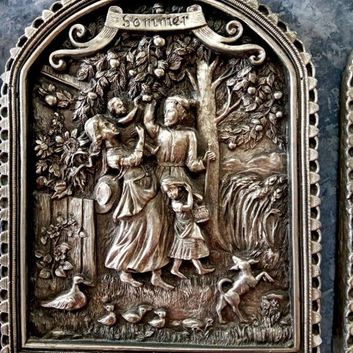 Set of three Zinn relief tin paintings Handarbeit