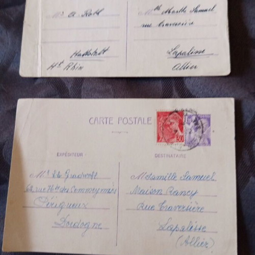 French postcards used, set of two from 1945 with stamps