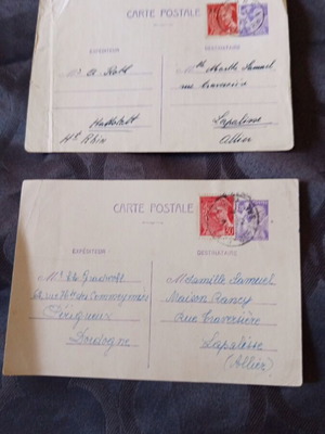 French postcards used, set of two from 1945 with stamps