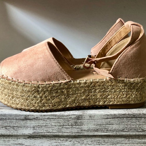 Pink suede platform espadrilles used with elastic ankle strap, size 39