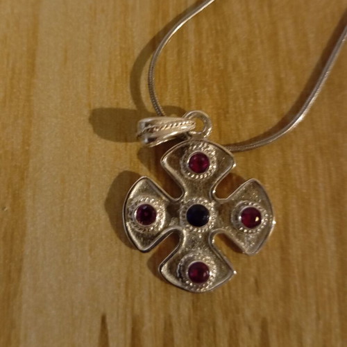 Silver cross and chain set 925, Byzantine style with red and blue stones