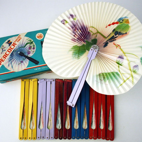 Vintage Peacock Fans pack of 12 with metal handle, new