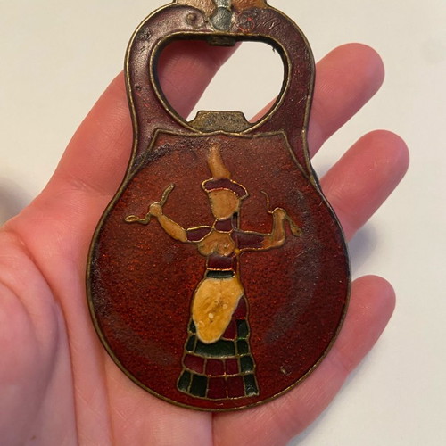Vintage brass bottle opener used with enamel, 1950s-60s