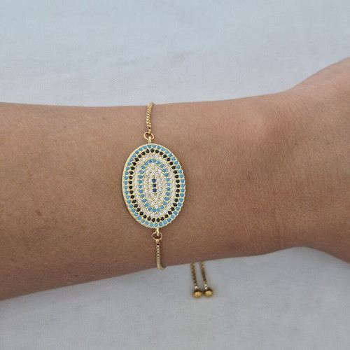 Gold Bracelet with Oval Evil Eye Motif, New, Blue and Gold