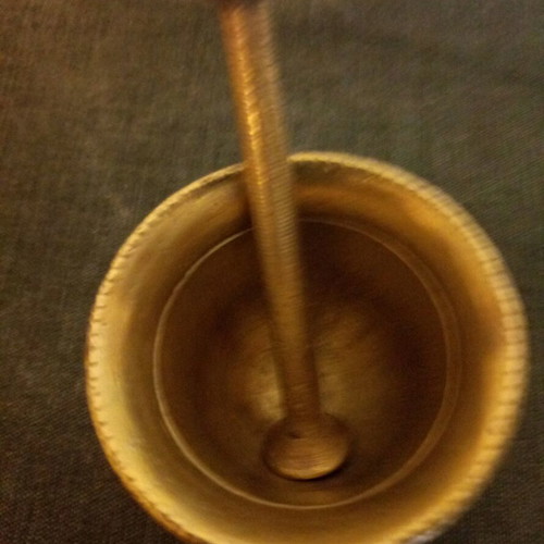 Small bronze mortar with pestle used, late 1940s
