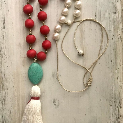 Long rosary necklace with blue chalcedony, red and white beads, and white tassel new