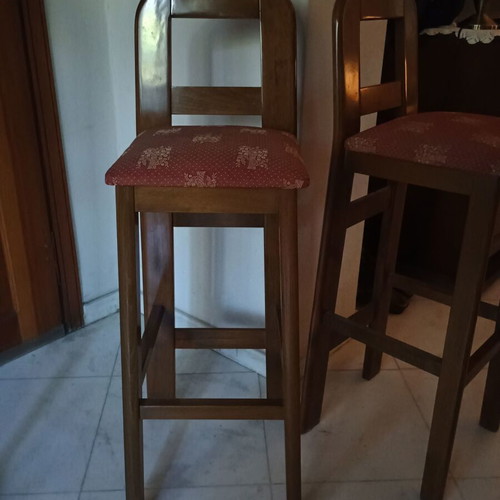 Wooden bar stools pair with backrest, like new, burgundy fabric