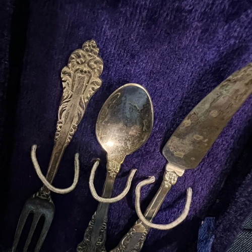 Antique silver-plated cutlery set used, knife fork and spoon in velvet box