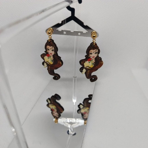 Wooden earrings 5 cm Beauty and the Beast with stainless steel clasp new