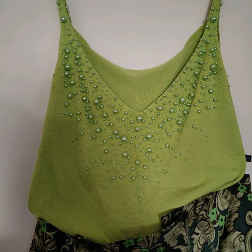 Knitted top used green lime with green pearls, size S