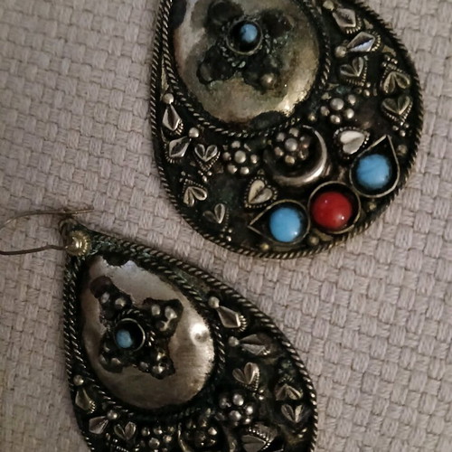 Boho large dangling earrings like new, multicolored and silver