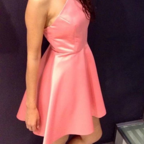 Short satin texture evening dress, sleeveless, pink