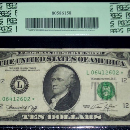 1974 $10 Star Note Error Certified by PCGS VF25 used