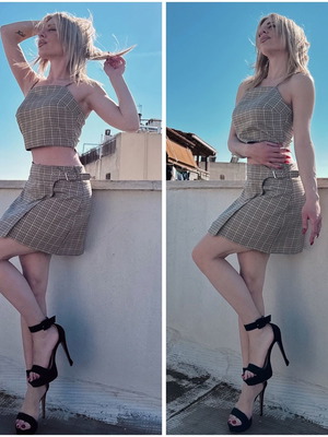 Checked skirt and yellow strap top set new