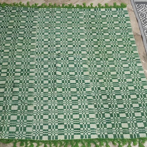 Handwoven Blanket with Traditional Green and Cream Pattern, Like New