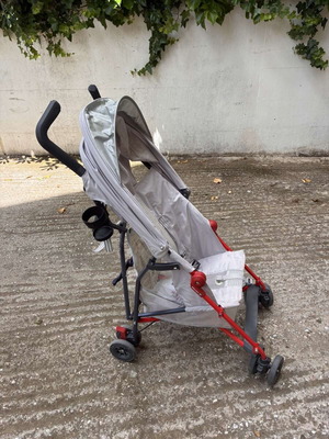Maclaren Mark II lightweight umbrella stroller used, silver grey with red frame
