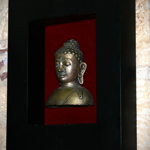 Bronze Buddha Bust in Wooden Black Frame new