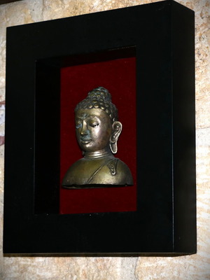 Bronze Buddha Bust in Wooden Black Frame new