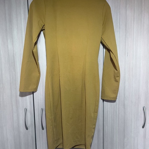 Midi dresses with surplice V-neck and long sleeves, dark green and mustard