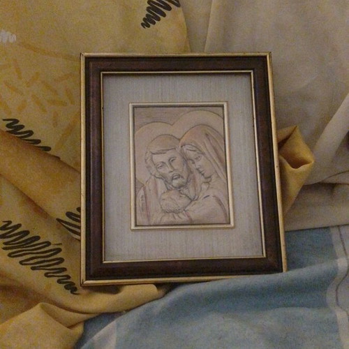 Italian bas-relief Holy Family silver artwork in wooden frame like new