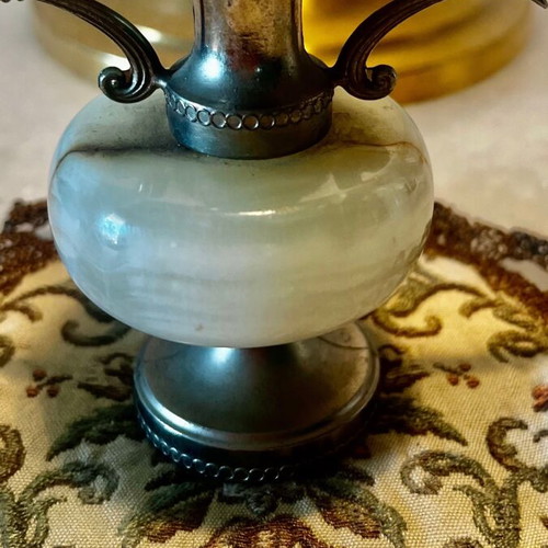 Collectible mini amphorae set of 2 used, onyx and bronze, 8cm