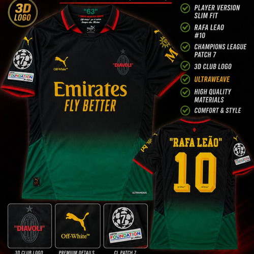 AC Milan fourth jersey 2024/25,player version with name:Rafa Leao no.10 and CL patches,size 2XL