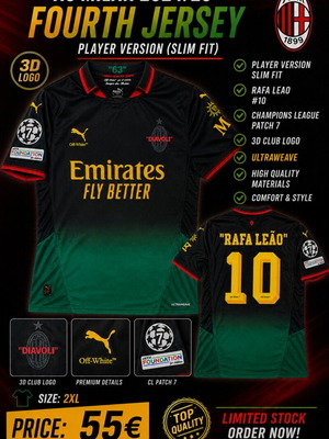 AC Milan fourth jersey 2024/25,player version with name:Rafa Leao no.10 and CL patches,size 2XL