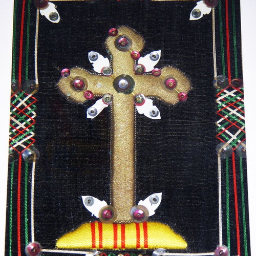 Vintage handmade embroidery Cross with gold thread and sequins in white frame
