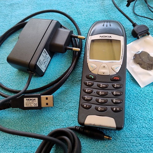 Nokia 6210 mobile phone used with new battery, USB cable and wired headset
