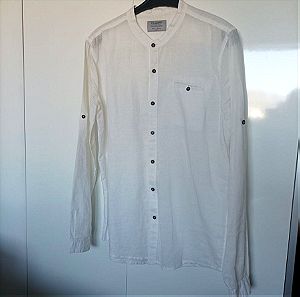 Pull&Bear λινό λευκό μακρυμάνικο πουκάμισο με γιακά Μάο (παπαδιστικο), μέγεθος large