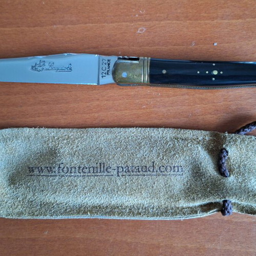 French knife new with leather sheath, 10 cm blade length