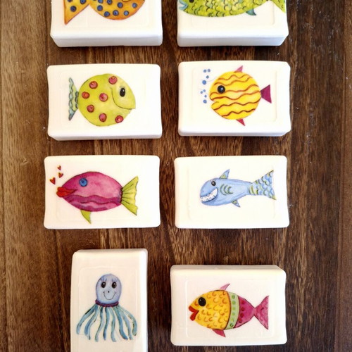 Handmade soap set with colorful fish, pack of 8, new
