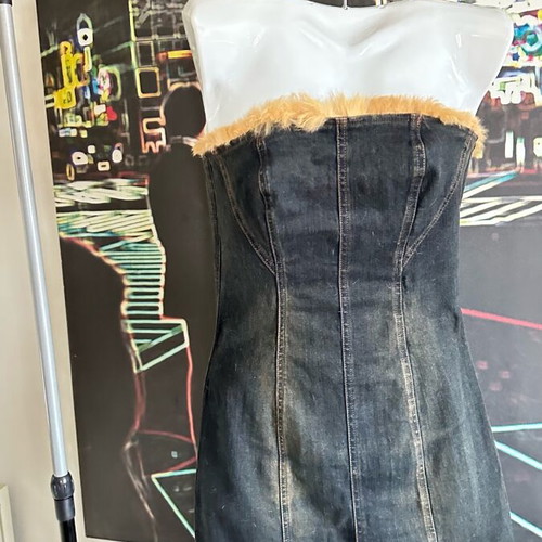 Strapless denim dress Rebecca Blu like new, midi with tan fur trim