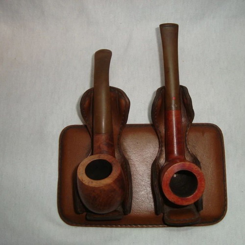 Vintage pipe stand for two tobacco pipes used, genuine leather