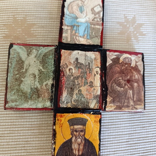 Vintage cross with silk screen prints