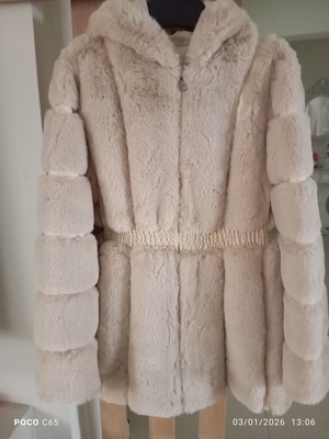 Synthetic beige fur new with hood and leatherette details